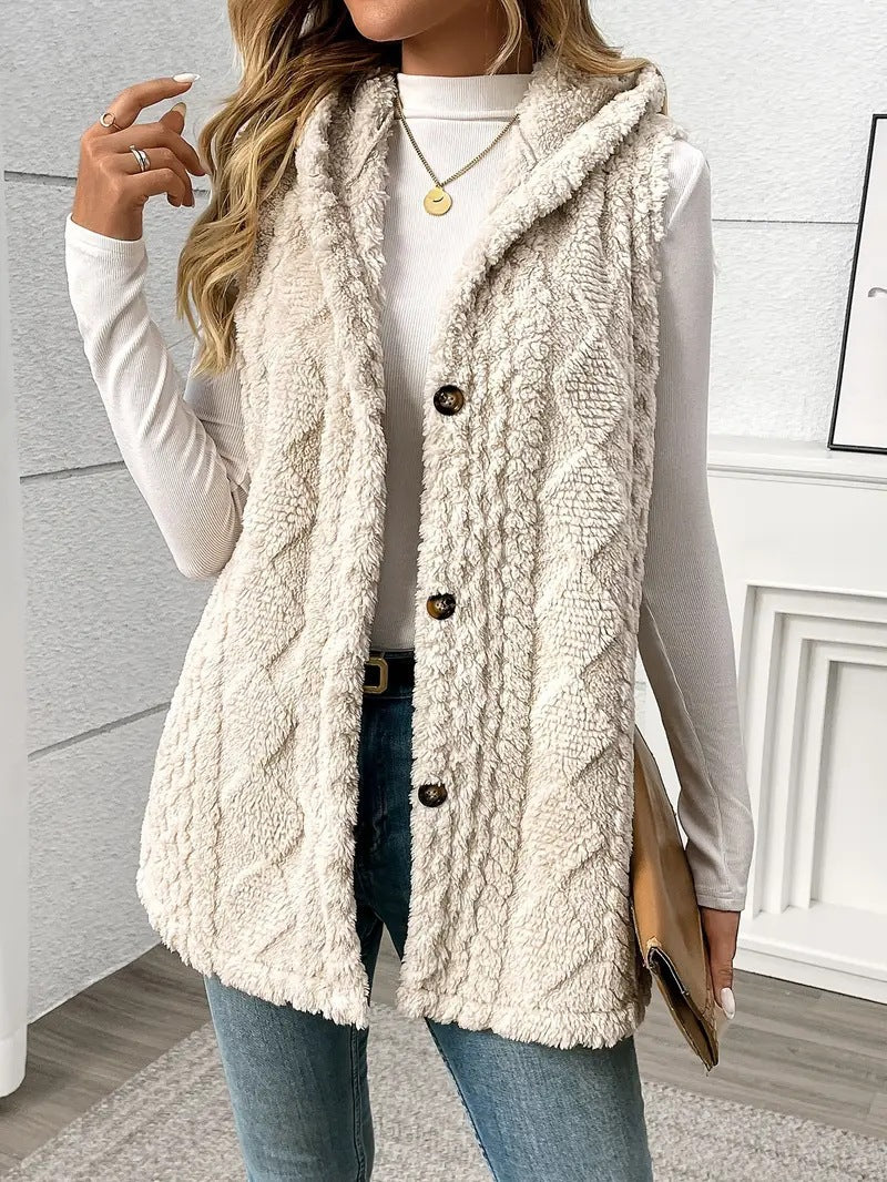Women's Hooded Fleece Button Front Vest Cardigan