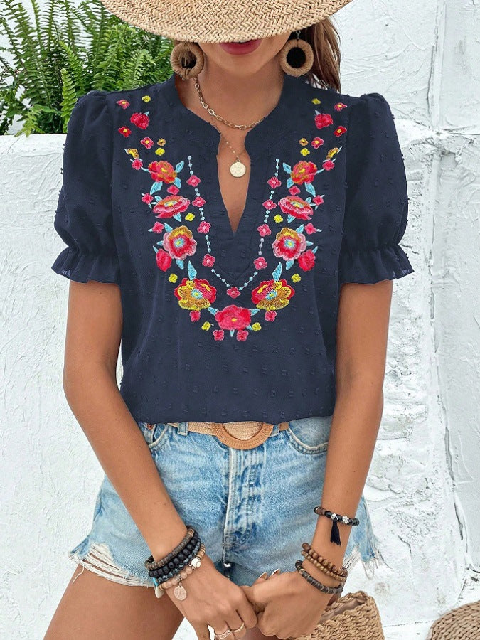 Floral Embroidered Puff Sleeve V Neck Chiffon Blouse