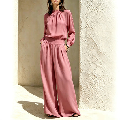 Women's Mock Neck Blouse Wide Leg Pants Matching Set