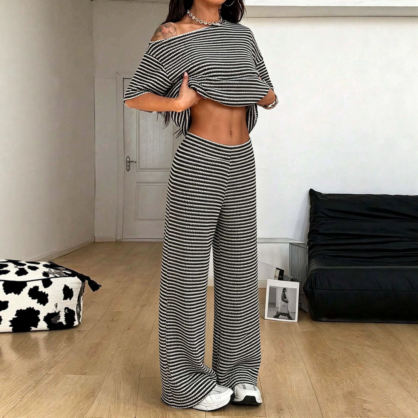 Striped Off Shoulder Knit Set Wide Leg Pants