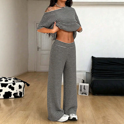 Striped Off Shoulder Knit Set Wide Leg Pants