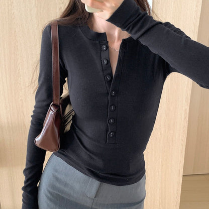Women's Ribbed Long Sleeve Fitted Button Henley Top