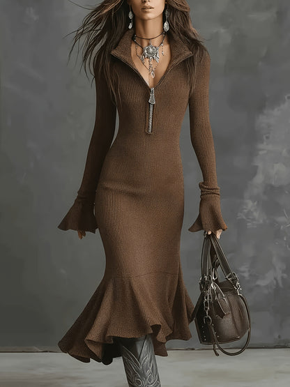 Sexy Zip Front Bell Sleeve Bodycon Mermaid Dress