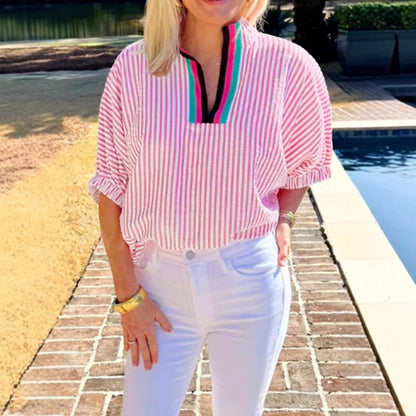 Striped V-Neck Colorblock Blouse Short Sleeve Casual Top