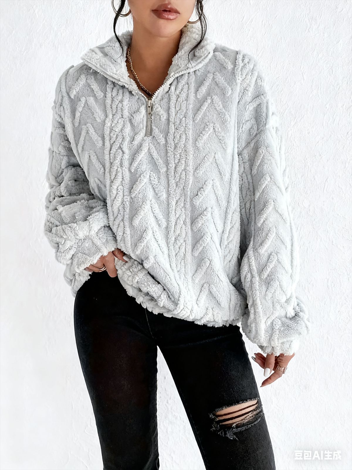 Women's Sherpa Jacquard Quarter Zip Pullover Sweatshirt