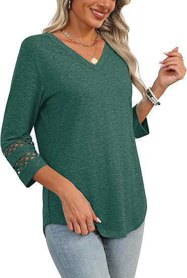 White V-Neck Lace Sleeve Casual Knit Top for Women