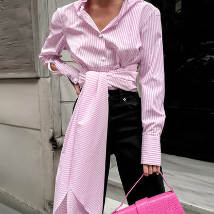 Women's Striped Tie Waist Long Sleeve Button Down Shirt
