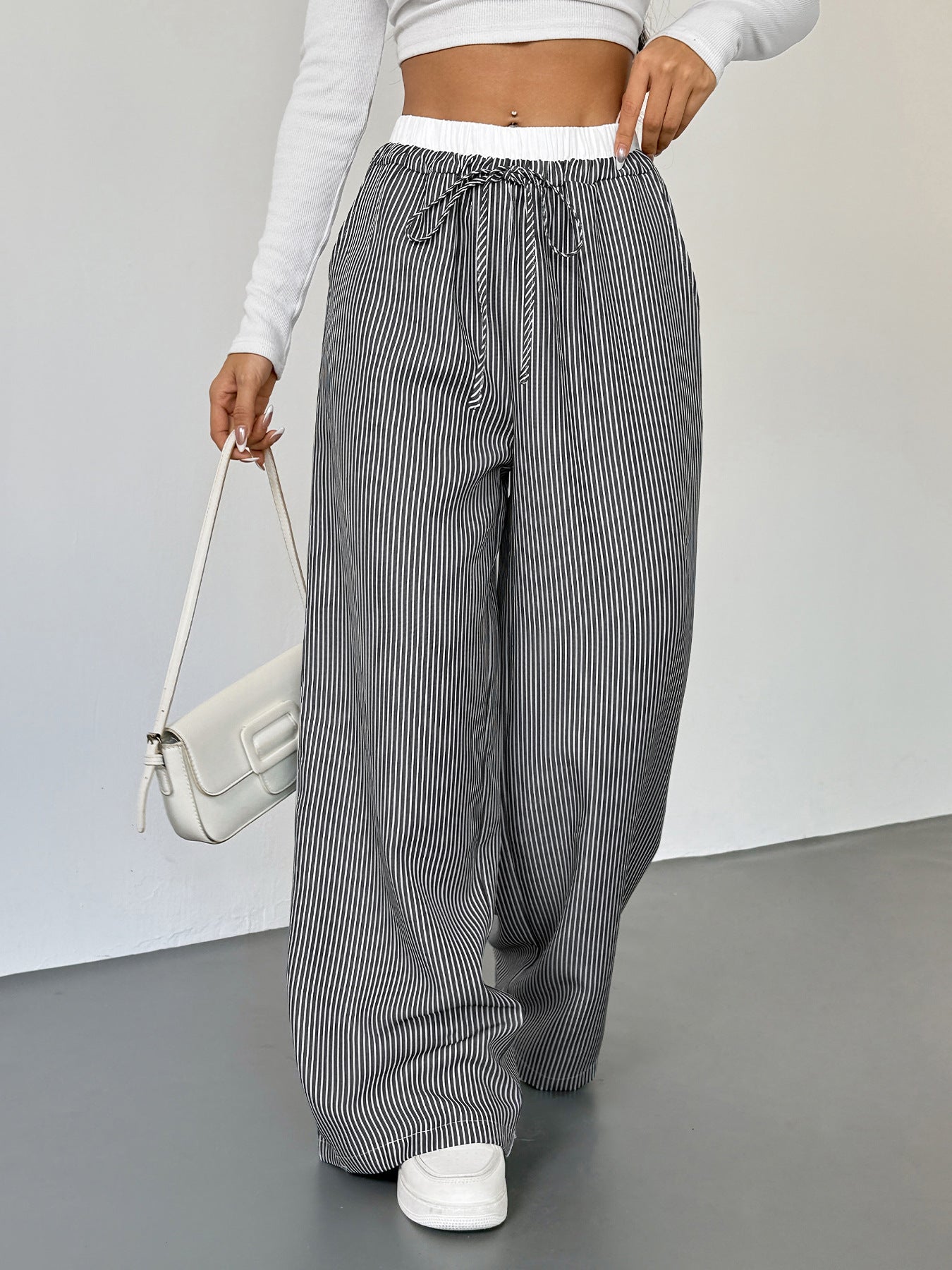 Striped Lace Trim Drawstring Wide Leg Pants