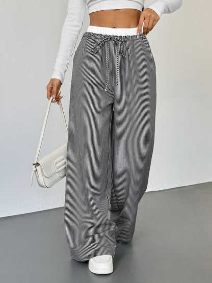 Striped Lace Trim Drawstring Wide Leg Pants
