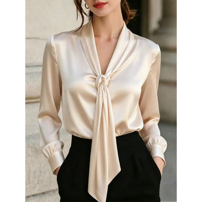 Solid Satin Tie Neck Blouse Long Sleeve Work Top