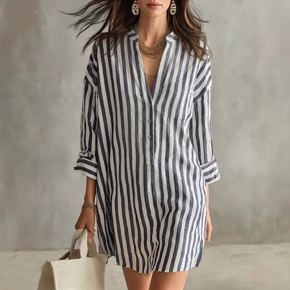 Striped V-Neck Long Sleeve Shirt Dress Casual Loose