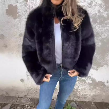 Women's Faux Fur Zip Jacket High Neck Cozy Outerwear