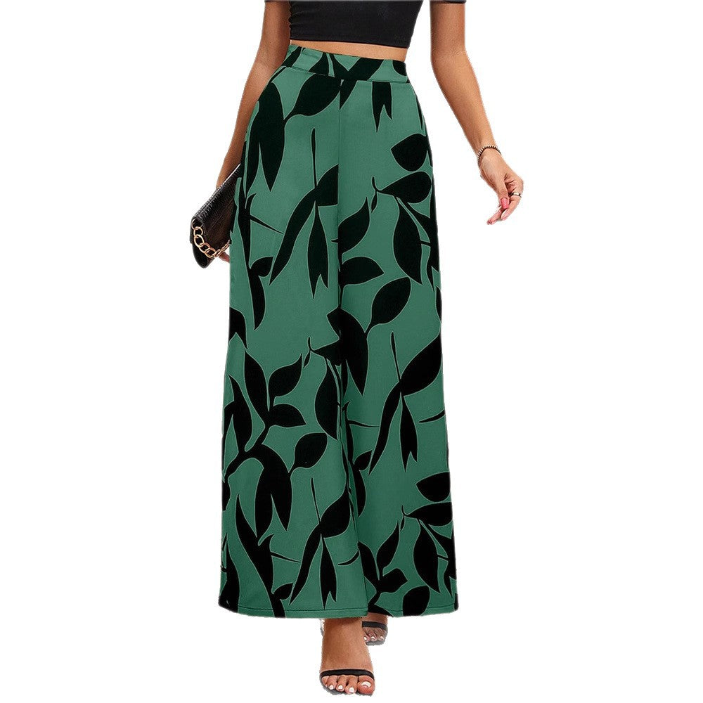 Women's Leaf Print Chiffon High Waist Wide Leg Pants