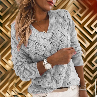 Women's Oversized V-Neck Long Sleeve Crochet Sweater