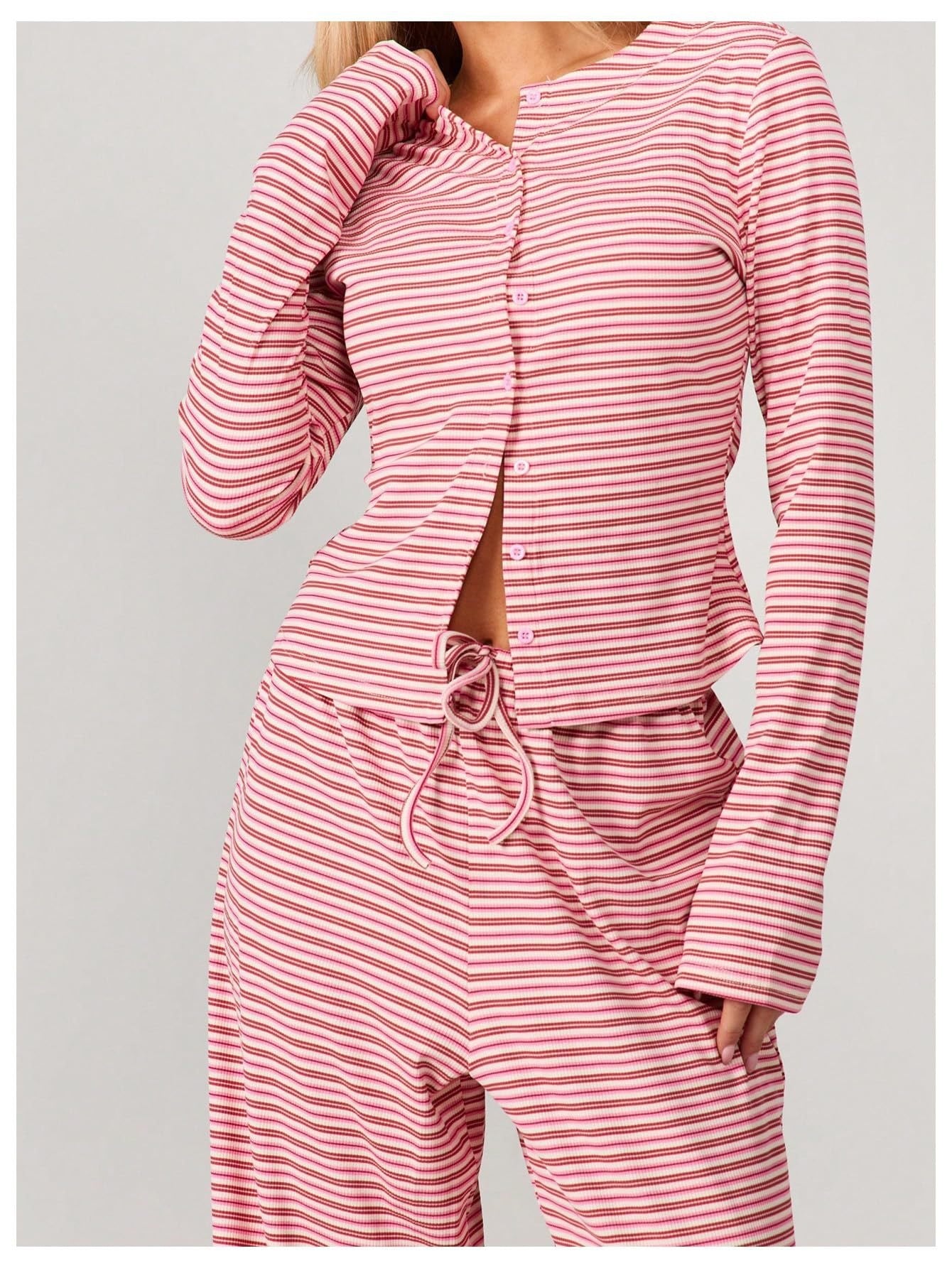 Striped Long Sleeve Top & Wide Leg Pants Two Piece Set