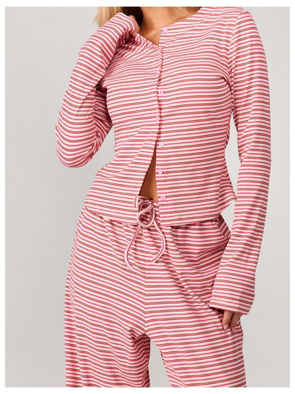 Striped Long Sleeve Top & Wide Leg Pants Two Piece Set