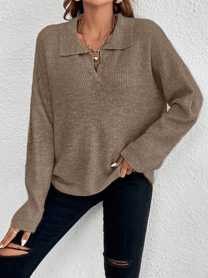 Women's Ribbed Polo Collar Sweater Long Sleeve Pullover