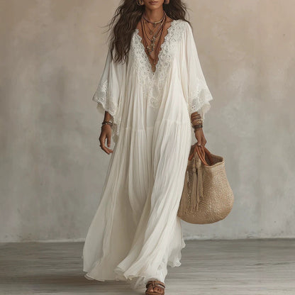 Lace V-Neck Batwing Sleeve Maxi Dress Boho Beach