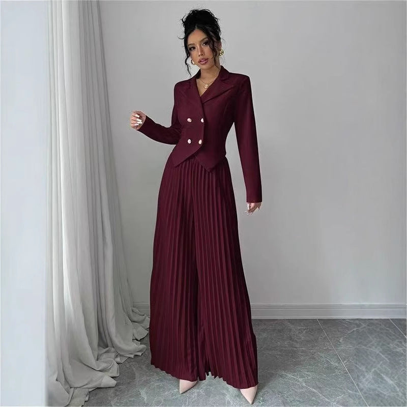 Women's 2 Piece Blazer Set Pleated Wide Leg Pants