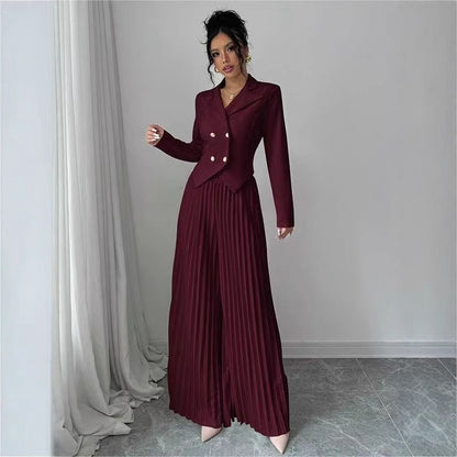 Women's 2 Piece Blazer Set Pleated Wide Leg Pants
