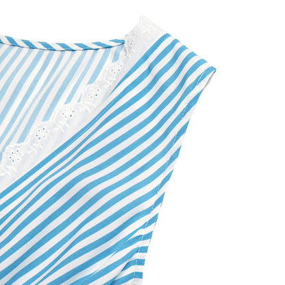 Blue Striped Maxi Dress V-Neck Sleeveless Tiered Summer