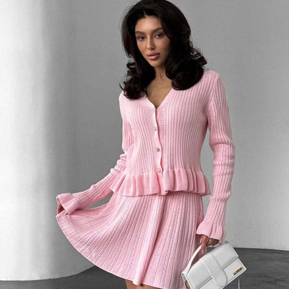 Women's Ribbed Knit Peplum Cardigan & Skirt Set