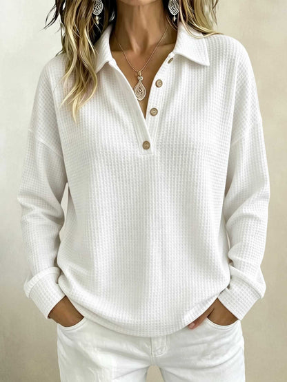 Women's Waffle Knit Polo Shirt Long Sleeve Button Top