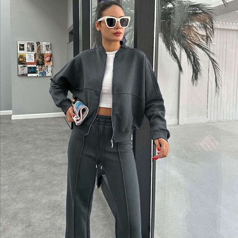 Women's Fleece Lined Zip Up Jacket Wide Leg Pants Set