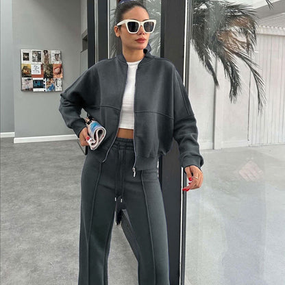 Women's Fleece Lined Zip Up Jacket Wide Leg Pants Set