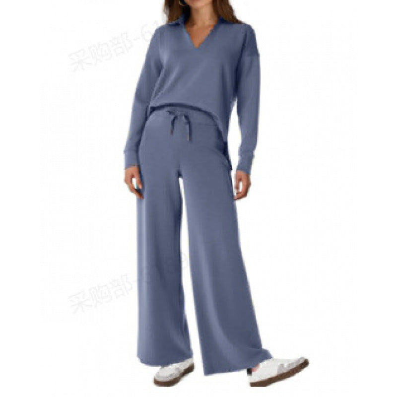 Women's 2-Piece Set Collared Top Drawstring Wide Leg Pants