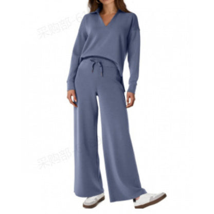 Women's 2-Piece Set Collared Top Drawstring Wide Leg Pants