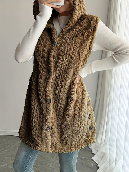 Women's Hooded Fleece Button Front Vest Cardigan
