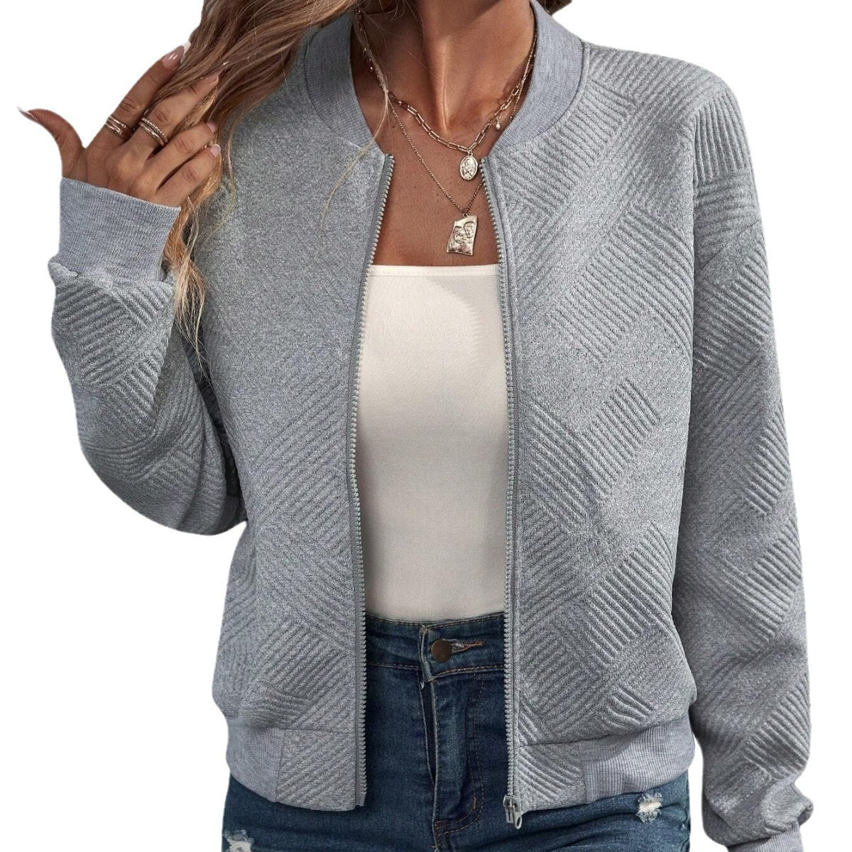 Women's Casual Zip-Up Bomber Jacket Textured Lightweight