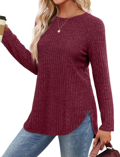Women's Ribbed Brushed Long Sleeve Crew Neck Curved Hem Top