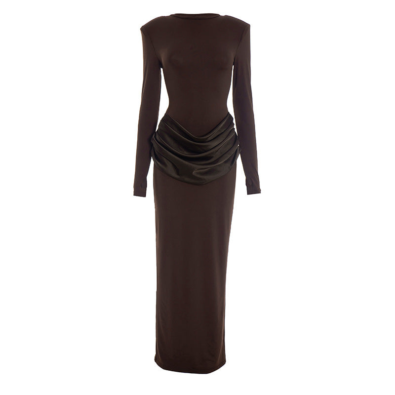Women's Boat Neck Long Sleeve Ruched Bodycon Maxi Dress