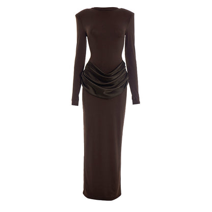 Women's Boat Neck Long Sleeve Ruched Bodycon Maxi Dress