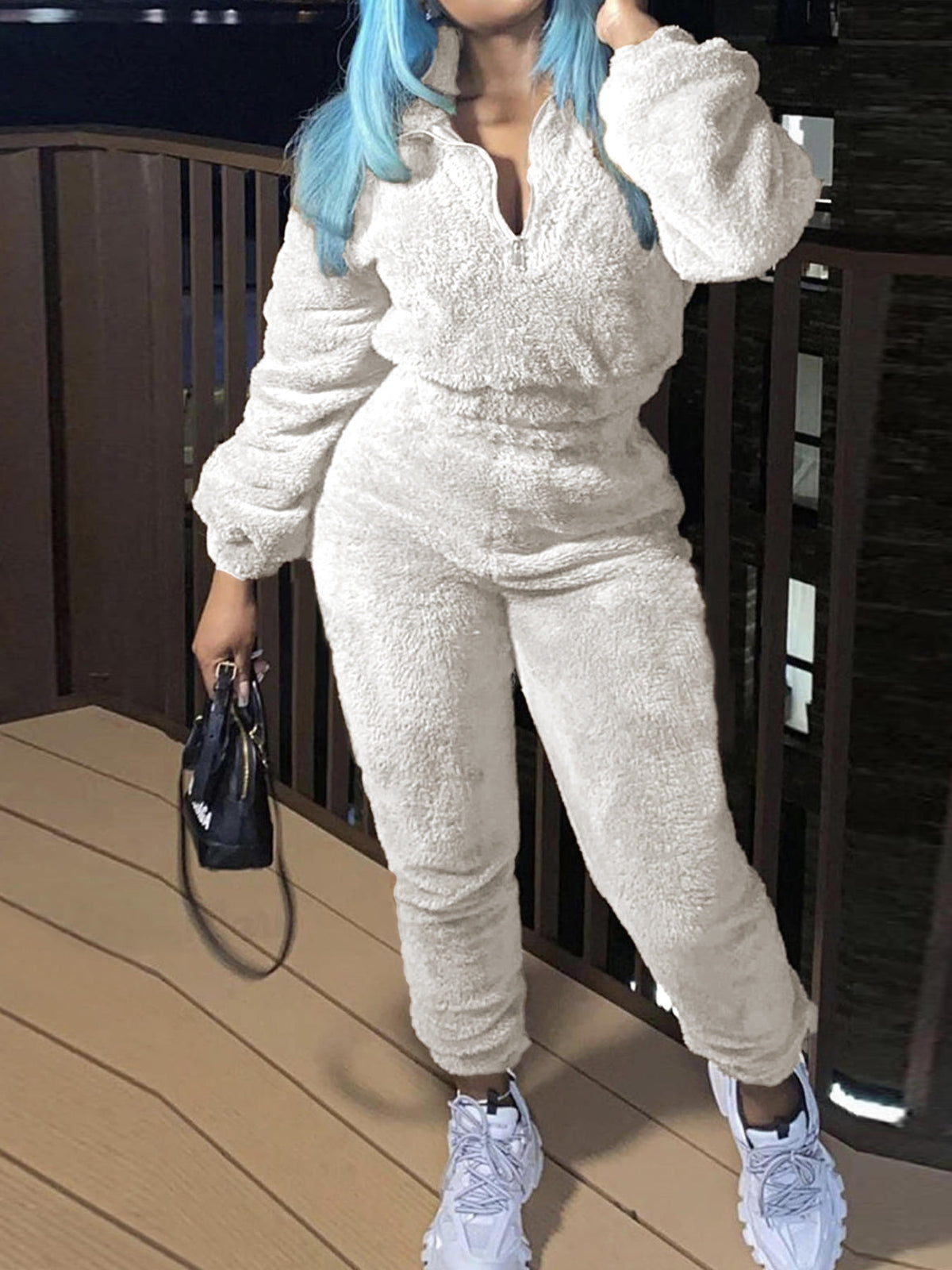 Womens Sherpa Fleece Half Zip 2 Piece Jogger Set
