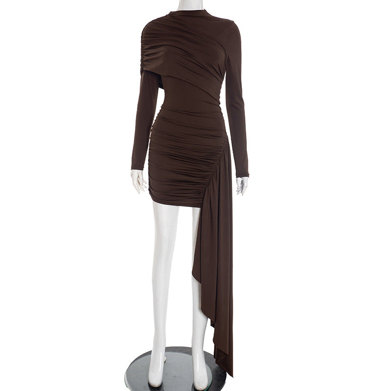 Long Sleeve Ruched Asymmetrical Draped Bodycon Mini Dress