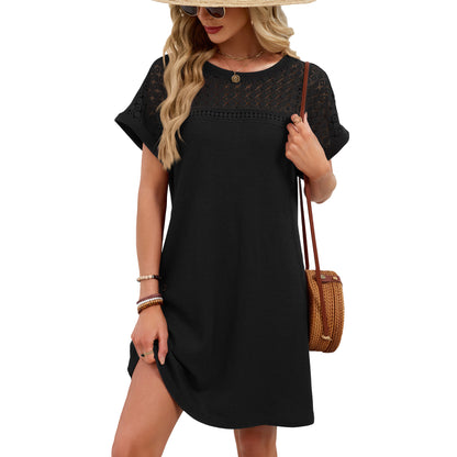 Blue Gray Yoke Loose T Shirt Dress Crew Neck