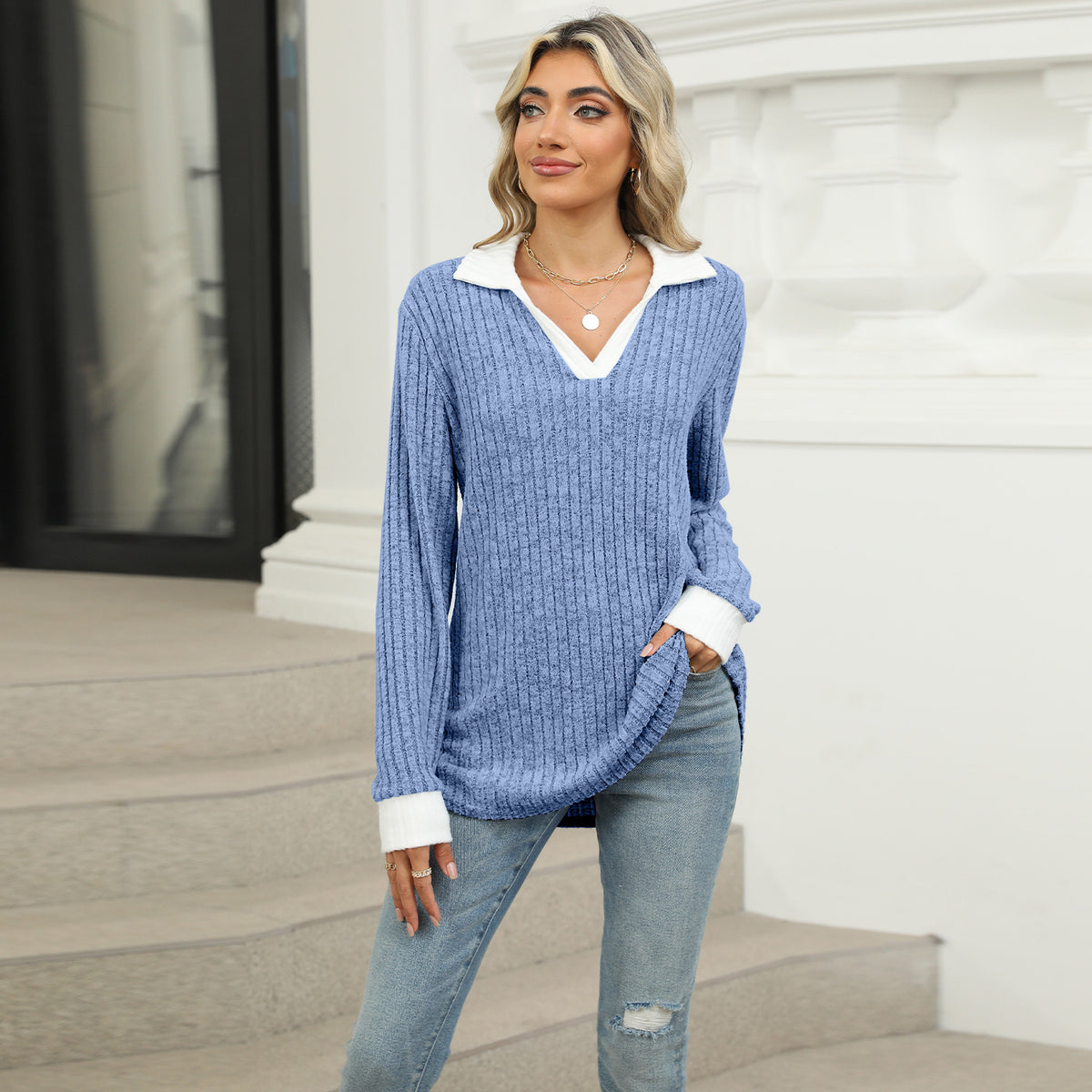 Women's Oversized Contrast Collar V Neck Long Sleeve Top
