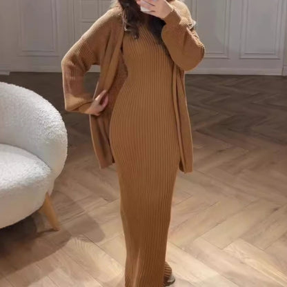 Women's Ribbed Maxi Dress and Cardigan Matching Set