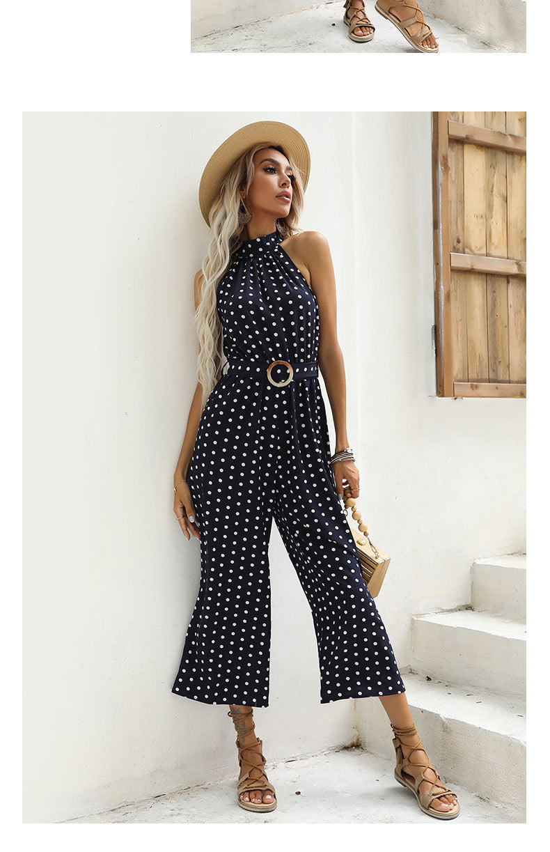 Polka Dot Halter Wide Leg Jumpsuit Vintage Resort Wear
