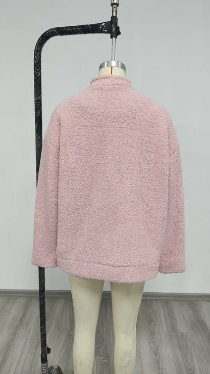 Women's Pink Cropped Sherpa Fleece Jacket Winter Coat
