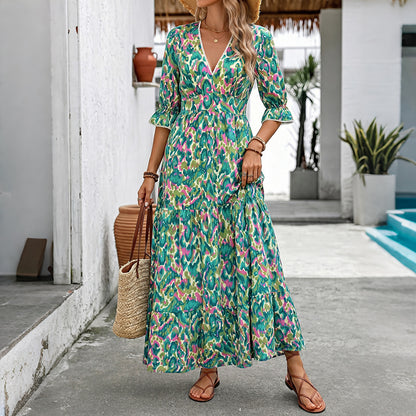 Boho Floral Tiered Maxi Dress V Neck Resort Vacation Dress