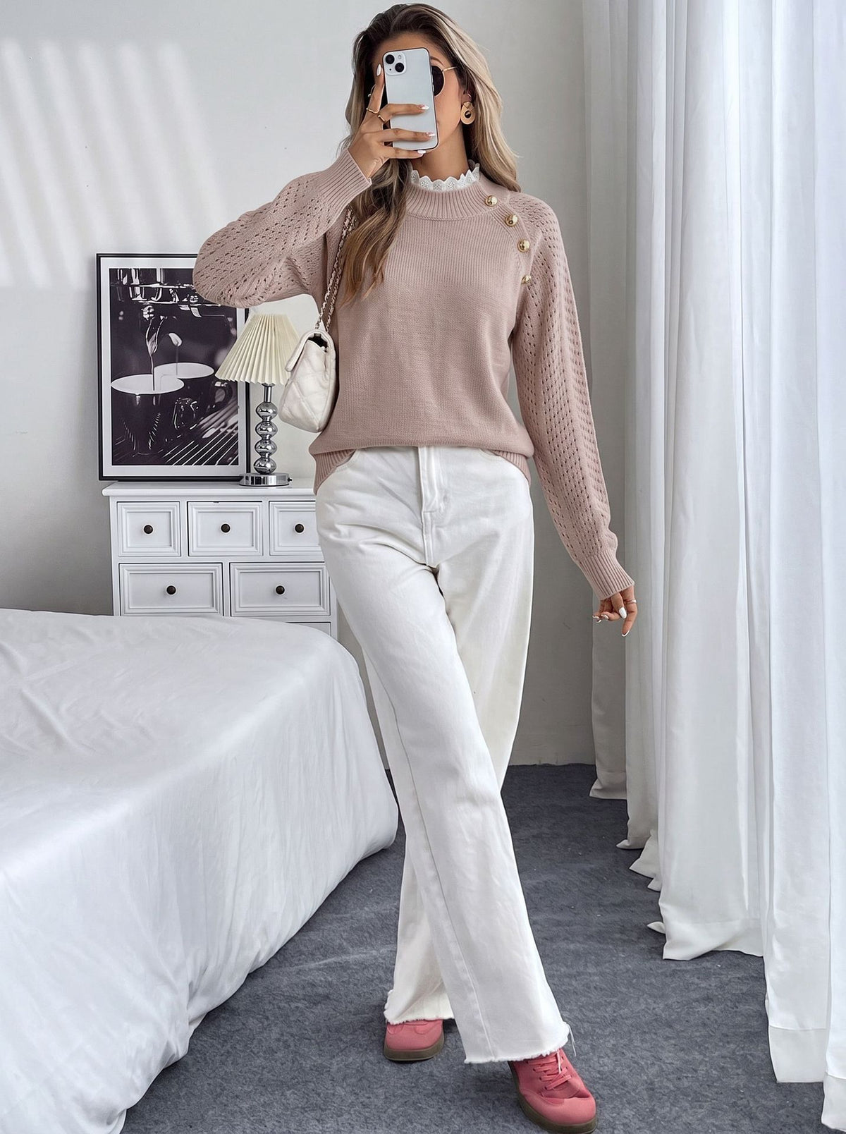 Women's Crewneck Button Detail Loose Knit Sweater