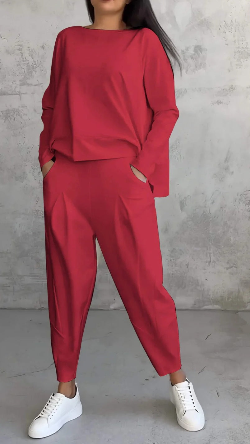 Womens Casual Two Piece Set Long Sleeve Top Pants Pockets