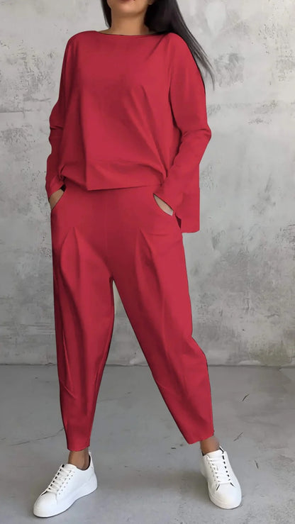 Womens Casual Two Piece Set Long Sleeve Top Pants Pockets