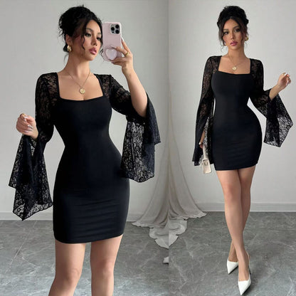 Black Lace Bell Sleeve Square Neck Bodycon Mini Dress