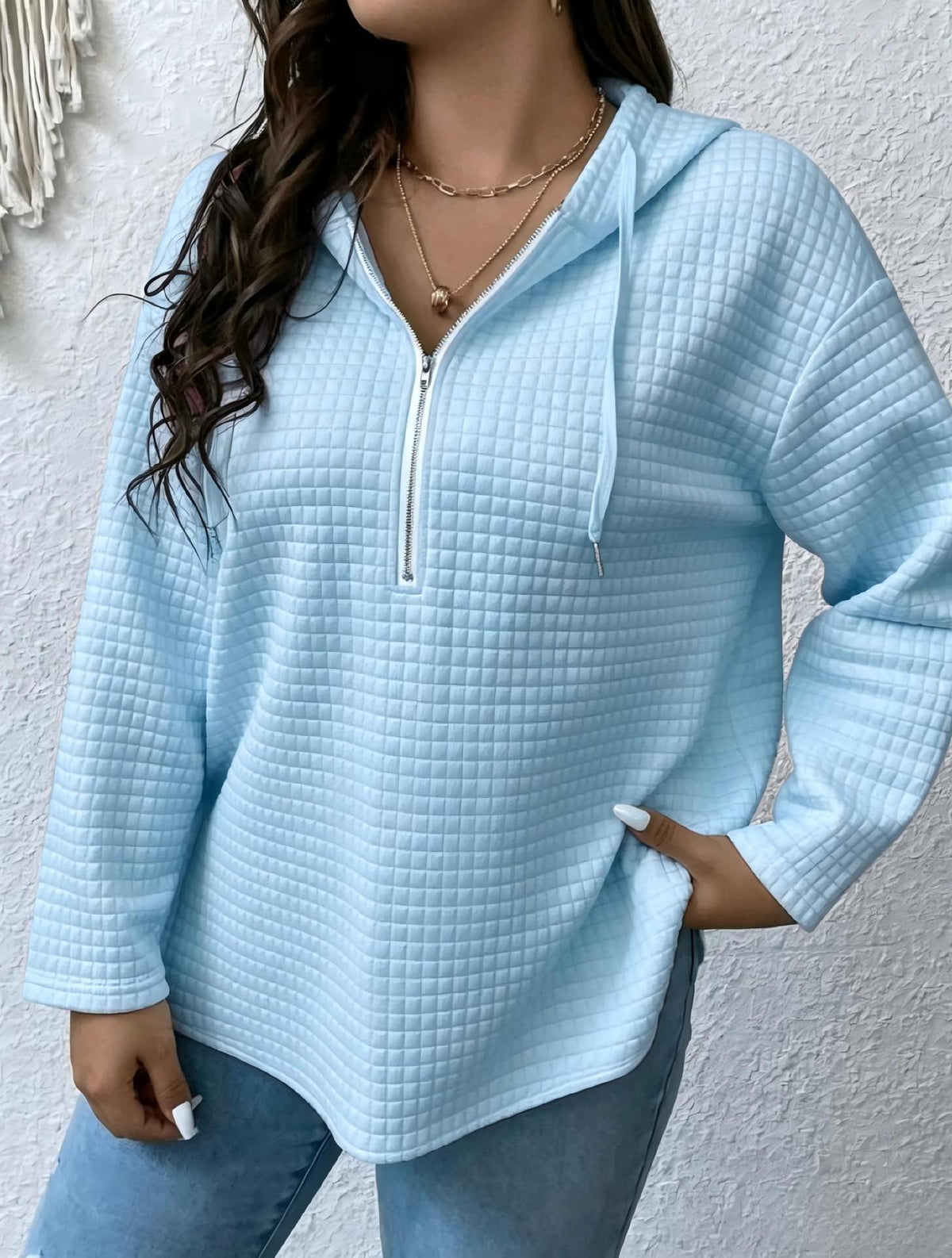 Women's Oversized Waffle Half Zip Hoodie with Pockets