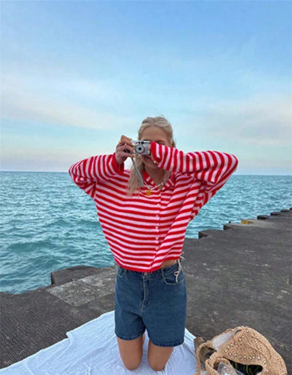 Women's Streetwear Striped Knit Button Cardigan Sweater